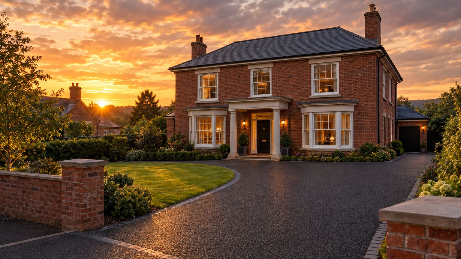 Newly laid resin driveway sweeping up to a large brick house at sunset